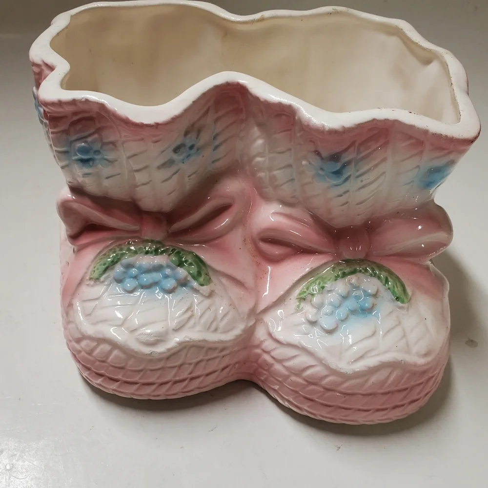 Vintage RELPO Japan Pink Baby Booties Planter Vase‎ 1987 Christening Gift MCM